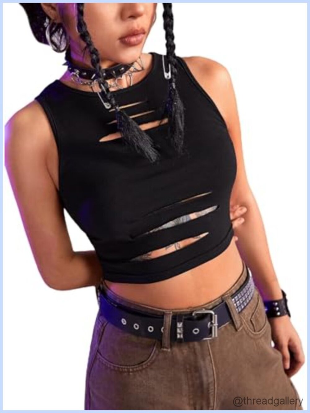 Cut Out Sleeveless Round Neck Punk Rock Solid Ripped Crop Tank Top